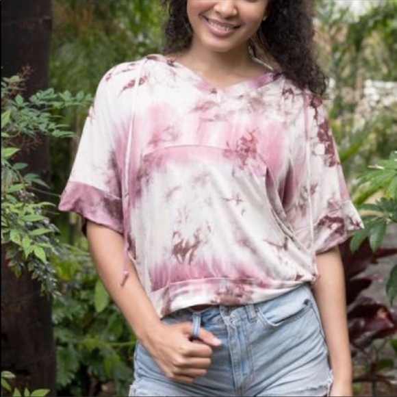 Mauve Tie Dye Crop Short sleeve Hoodie - Picture 3 of 4
